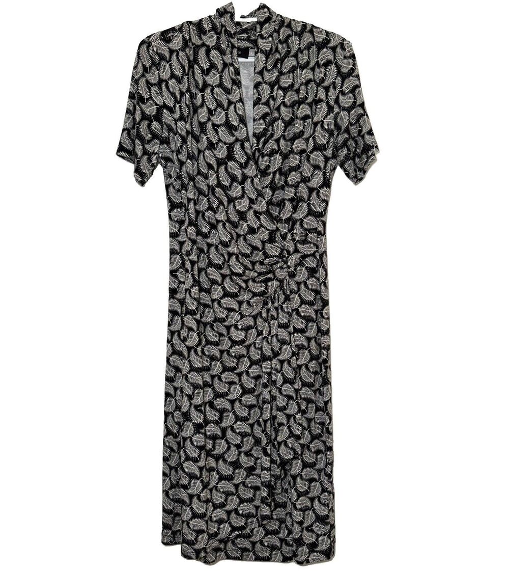 Karen Kane Leaf Faux Wrap Dress M Black White Surplice Ruched Jersey Made US